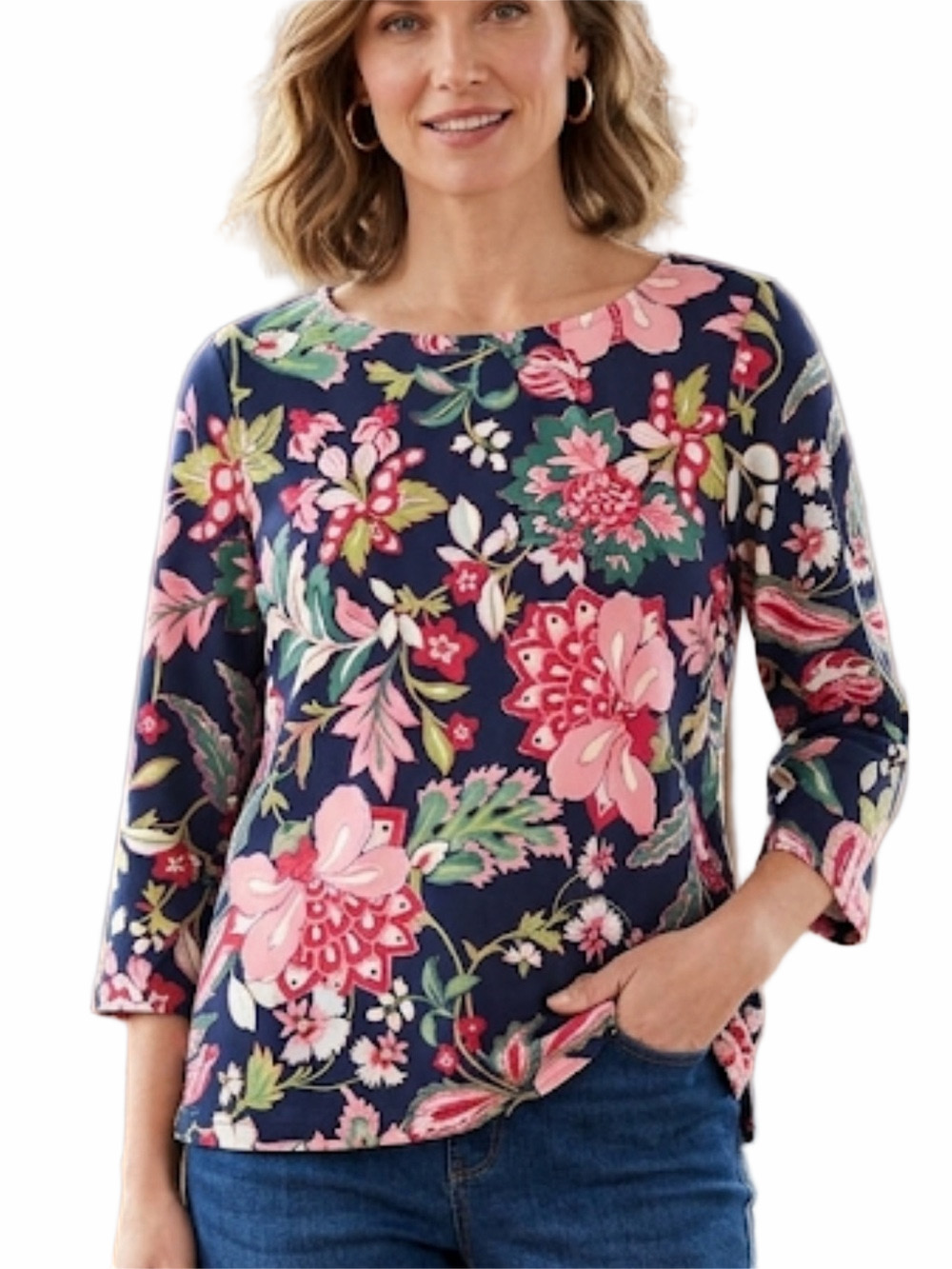 Talbots Navy Floral Print Blouse Women’s Size 2X NWT 3/4 Sleeve Relaxed Fit